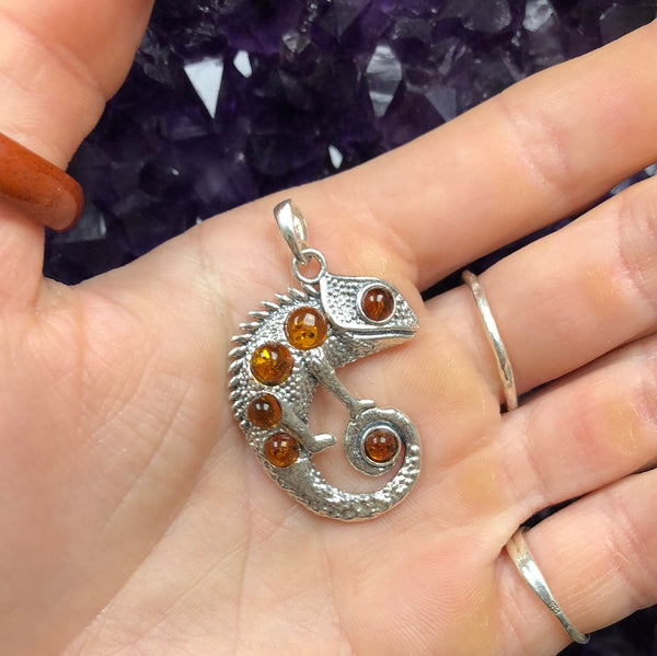 Baltic Amber Chameleon Sterling Silver Pendant - Small