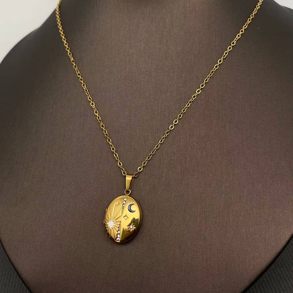 18k Gold Plate Star Moon locket charm Necklace