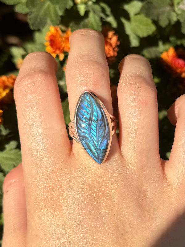 Carved Marquise Labradorite Sterling Silver Ring - Size 7