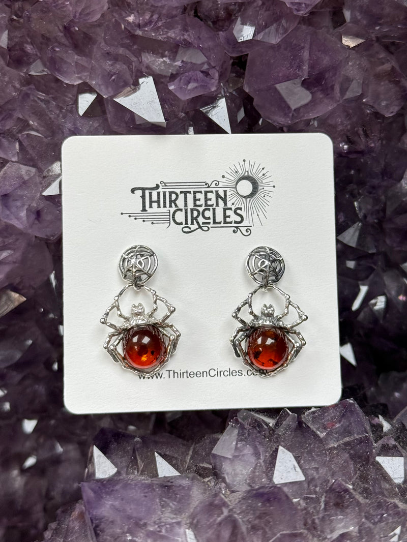 Cognac Amber Spider Dangling on Web Earrings - Sterling Silver