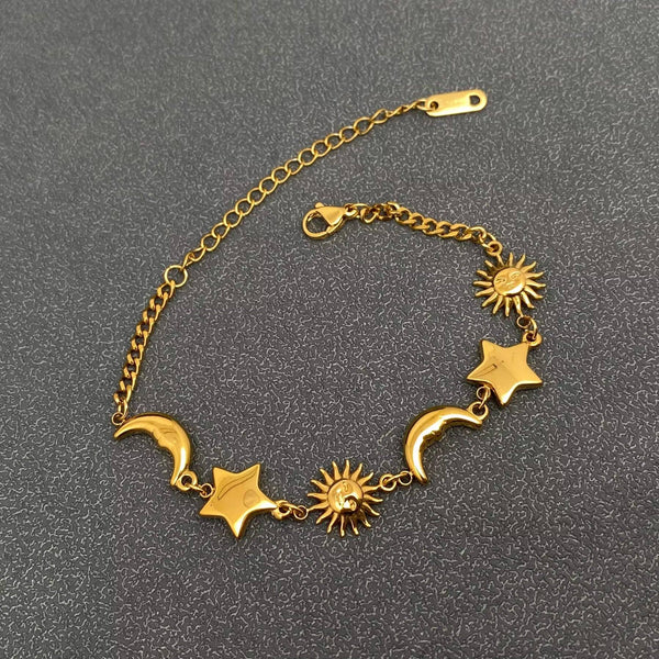 Star Moon Sun linked Bracelet - 18K Gold Plated S.Steel
