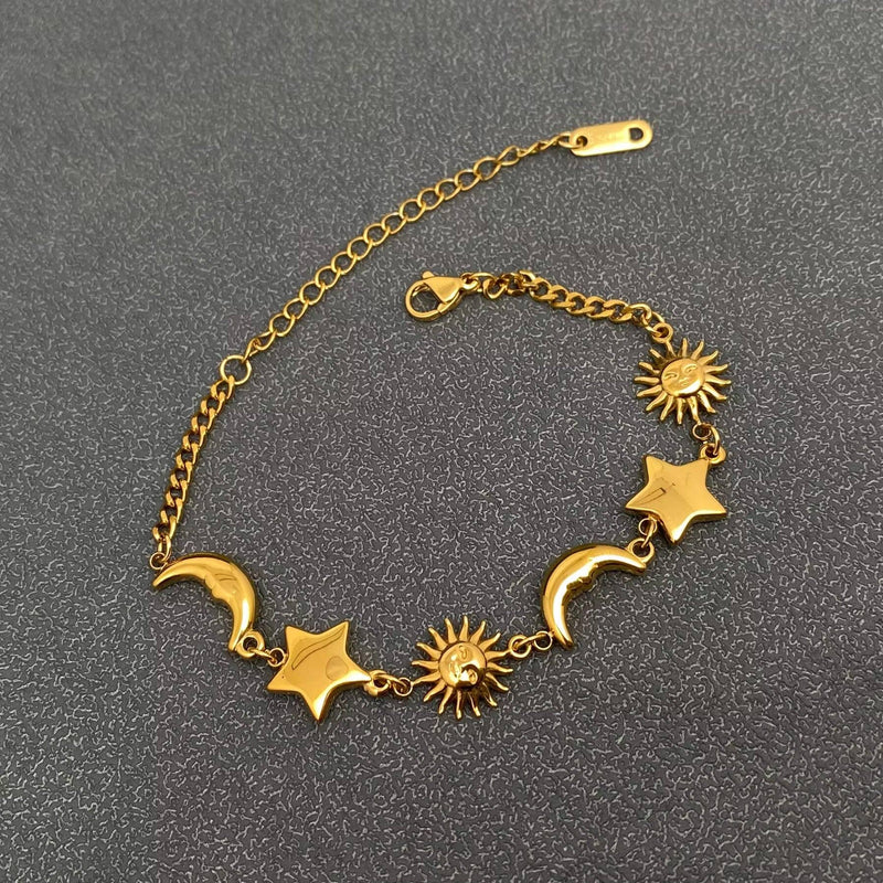 Star Moon Sun linked Bracelet - 18K Gold Plated S.Steel
