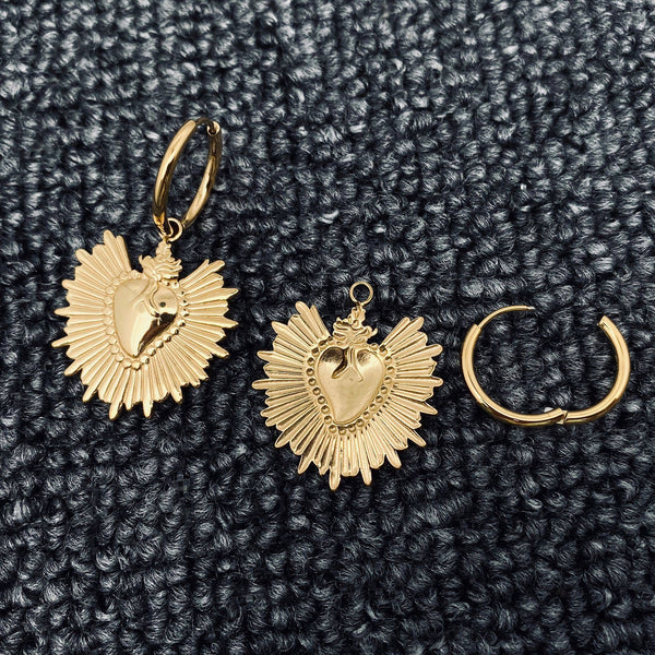 18K Gilded Sacred Heart Huggie Hoop Earrings