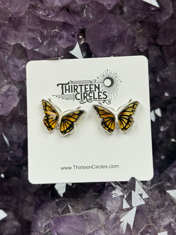 Cameo Amber Sterling Silver Butterfly Stud Earrings