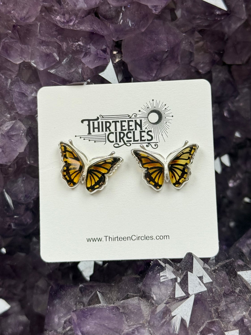 Cameo Amber Sterling Silver Butterfly Stud Earrings