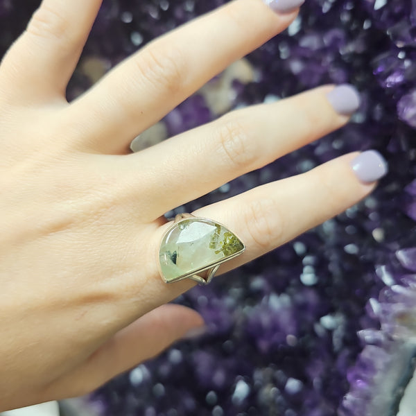 Freeform Prehnite and Epidote Sterling Silver Ring - Size 8