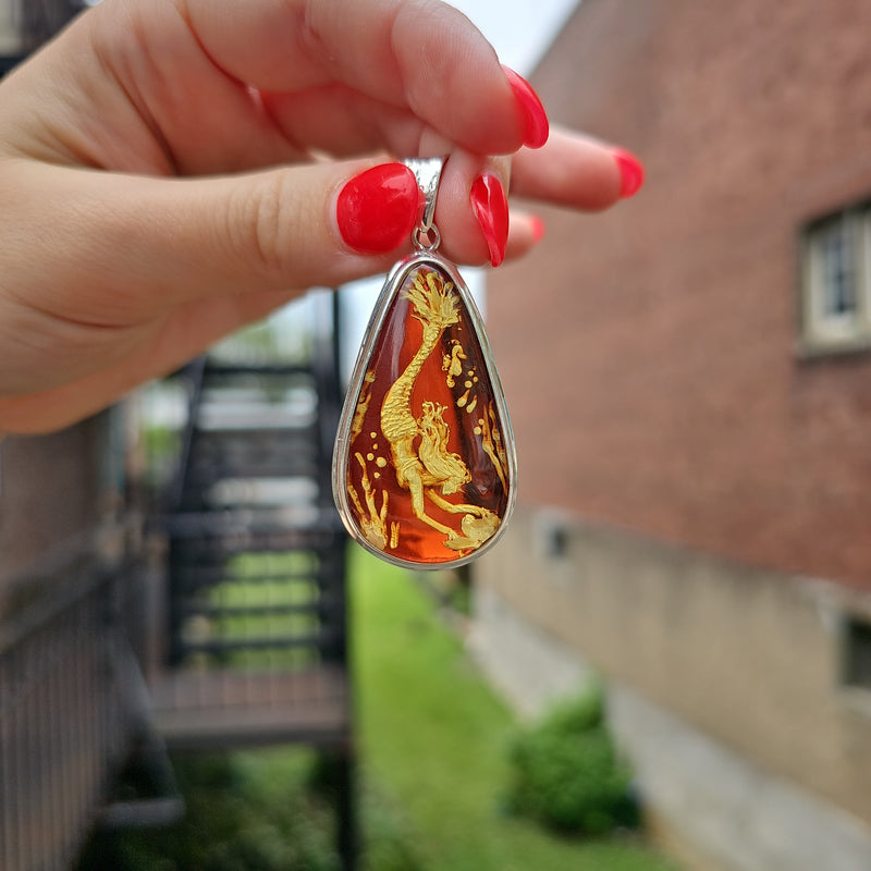 Hand Carved Amber 925 Silver Mermaid Dive .Cameo Pendant