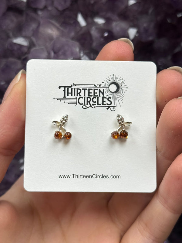 Cognac Amber Cherry Stud Earrings - Sterling Silver