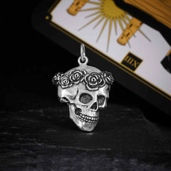 Sterling Silver Skull with Rose Crown Pendant