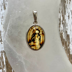 Hand Carved Amber Howling Wolf Sterling Silver Pendant