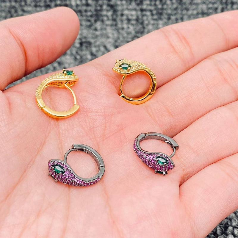 Gold Plated Inlaid Cubic Zirconia Snake Shape Huggie Earrings