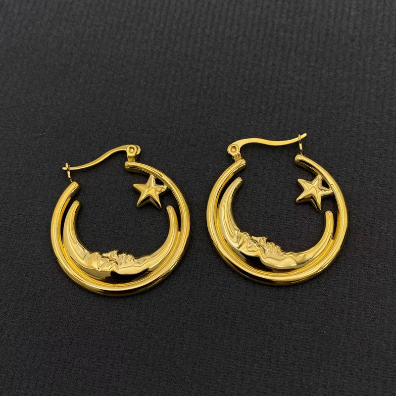 18K Gold Plated Moon Star Hoop Earrings