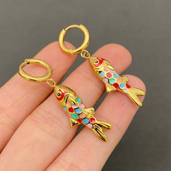 18K Gold Plate Colored Enamel Fish Huggie Hoop Earrings