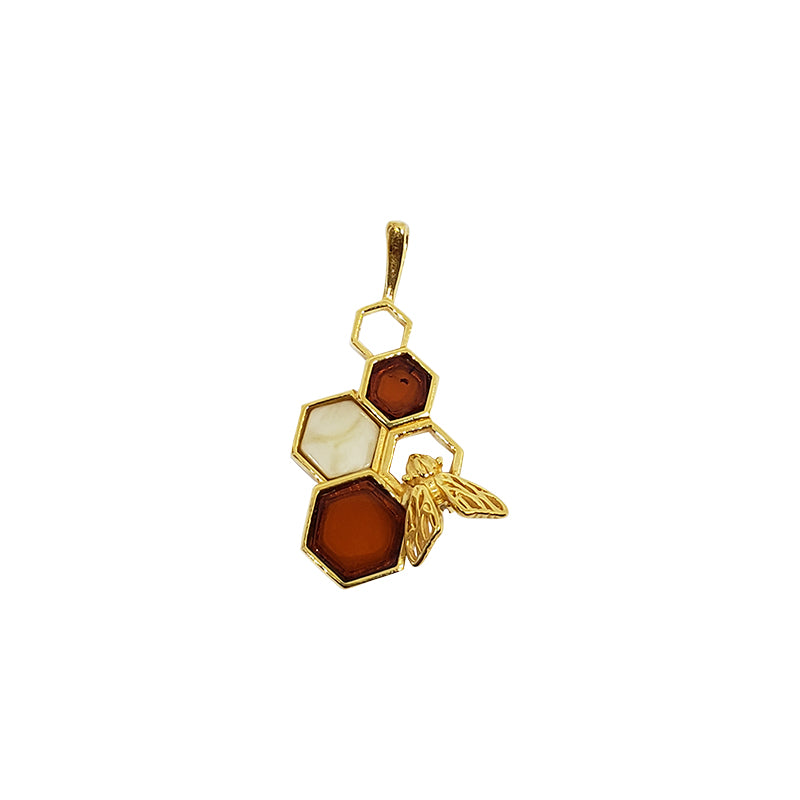 Amber Bee On Honeycomb Gold Plated Silver Pendant