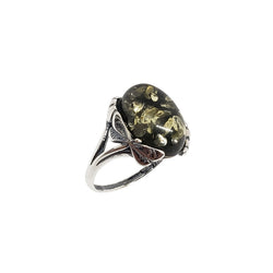 Green Amber Sterling Silver Dragonfly Ring