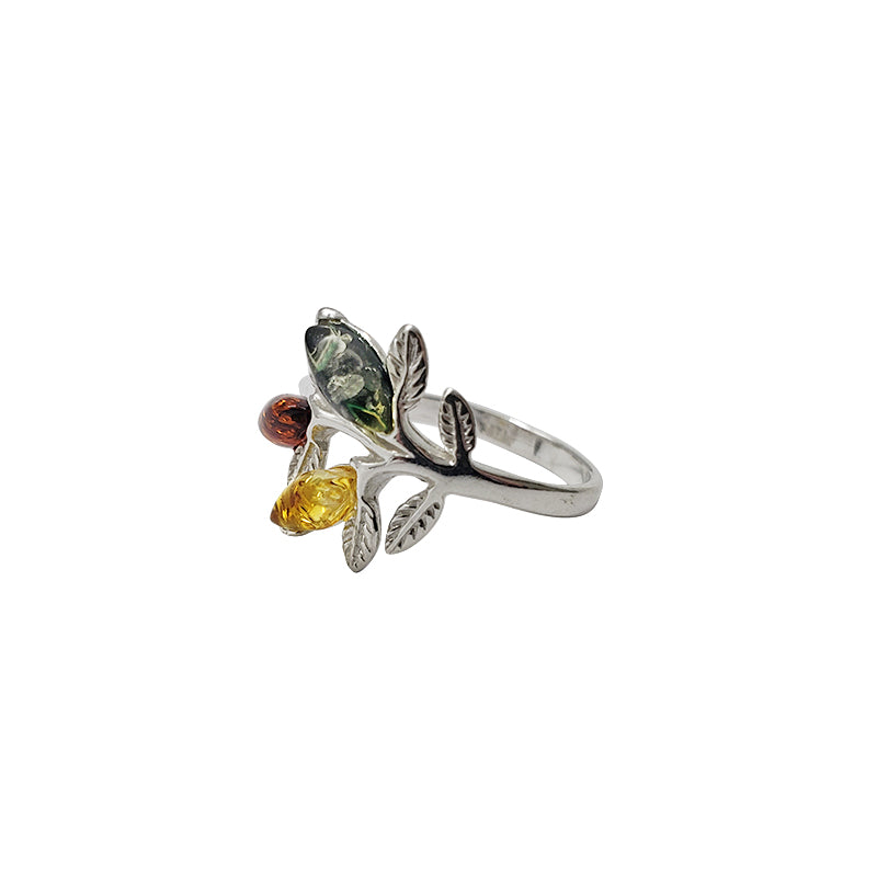Leaf Multi-Color Amber Sterling Silver Ring