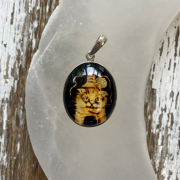 Cat with Yarn - Carved Baltic Amber Pendant set in Sterling Silver