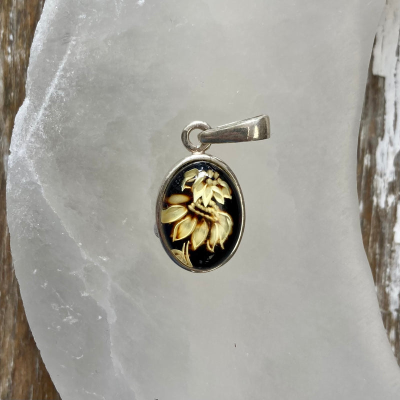 Hand Carved Amber Flower Sterling Silver Pendant
