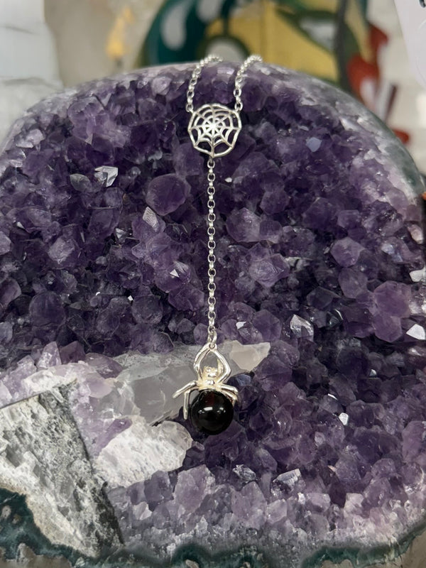 Spider on a Spider Web Necklace Cherry Amber