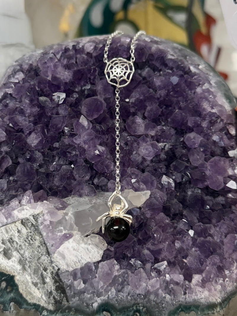 Spider on a Spider Web Necklace Cherry Amber