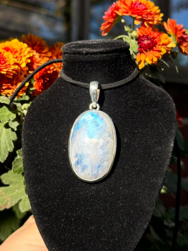 Sterling Silver Rainbow Moonstone Oval Pendant