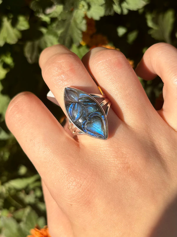 Carved Marquise Labradorite Sterling Silver Ring - Size 8