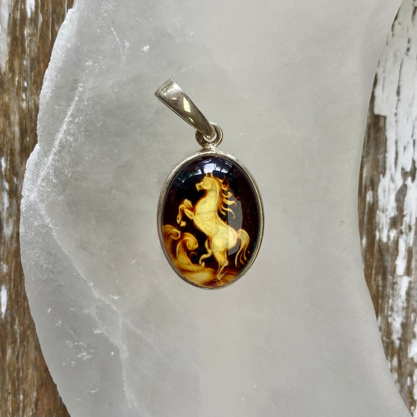 Hand Carved Amber Unicorn Sterling Silver Pendant