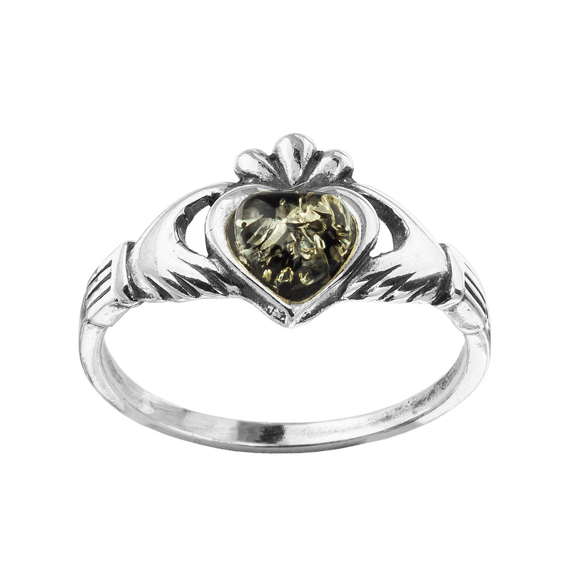 Green Amber Sterling Silver Claddagh Ring