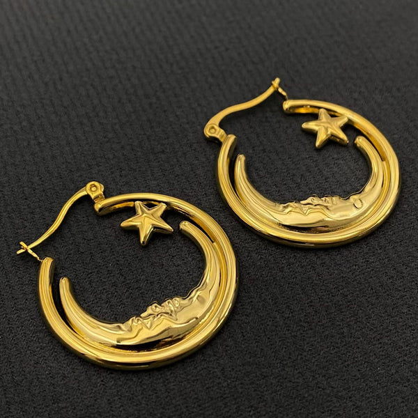 18K Gold Plated Moon Star Hoop Earrings