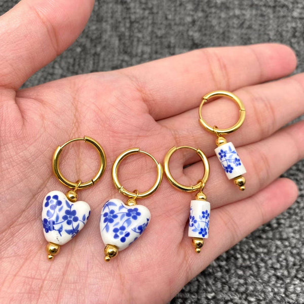 Blue and White Porcelain 18K Gold Plated Huggie Hoop Earrings