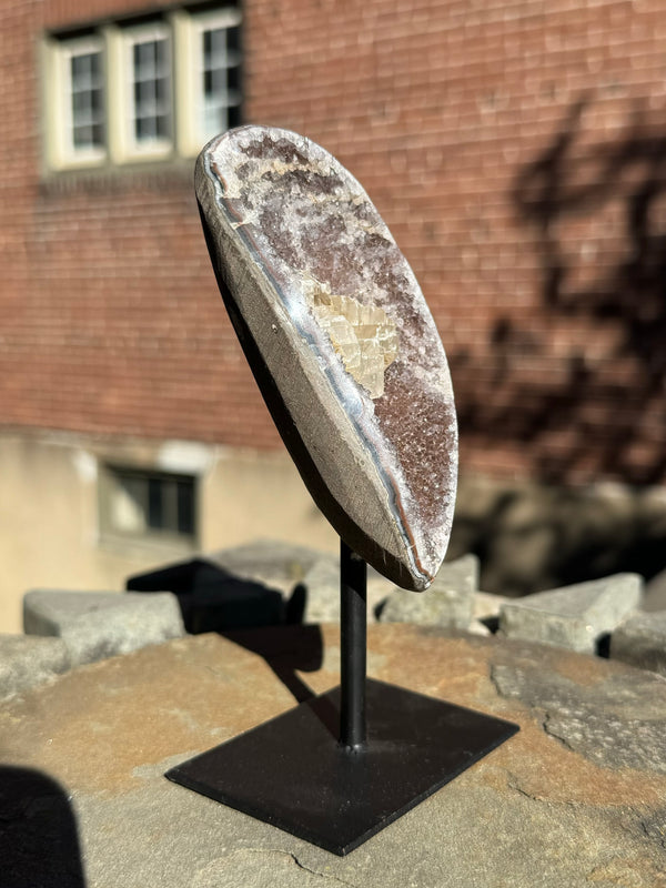 Natural Rainbow Amethyst with Calcite on Stand