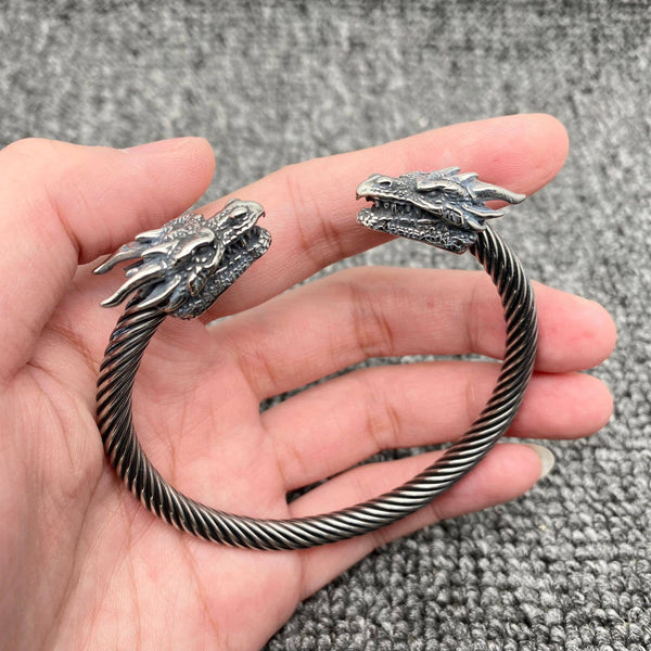 Double Dragon Head Stainless Steel Cuff Bangle
