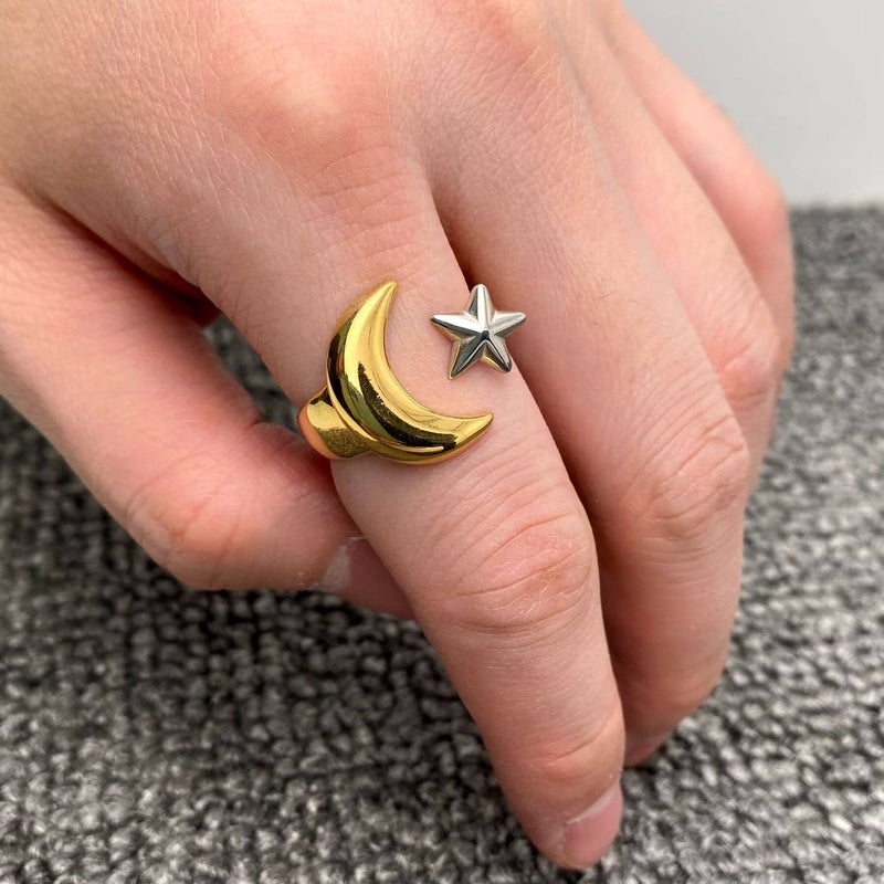 Adjustable 18k Plated Two Tone Star Moon Ring
