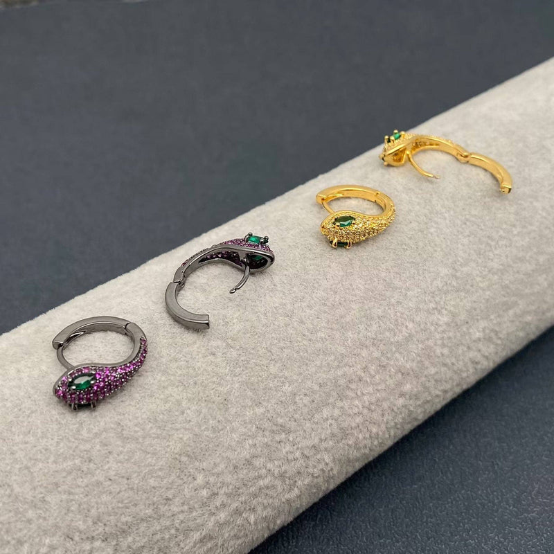 Gold Plated Inlaid Cubic Zirconia Snake Shape Huggie Earrings