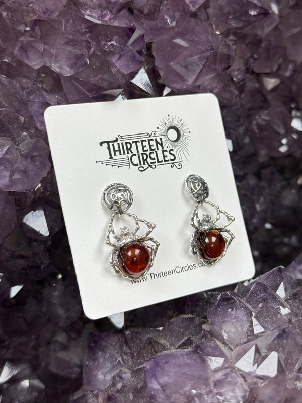 Cognac Amber Spider Dangling on Web Earrings - Sterling Silver