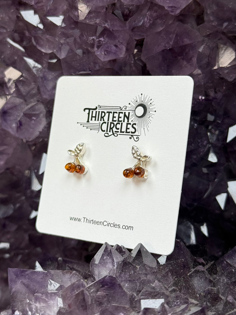 Cognac Amber Cherry Stud Earrings - Sterling Silver