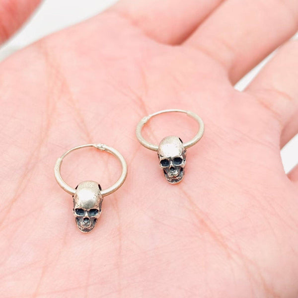 Sterling Silver Vintage Gothic Skull Huggie Hoop Earrings