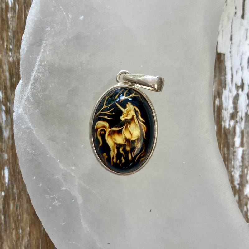 Hand Carved Amber Unicorn Sterling Silver Pendant