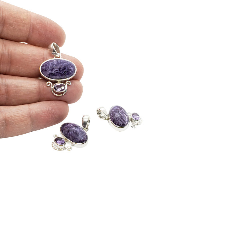 Natural Charoite Amethyst Sterling Silver Pendant