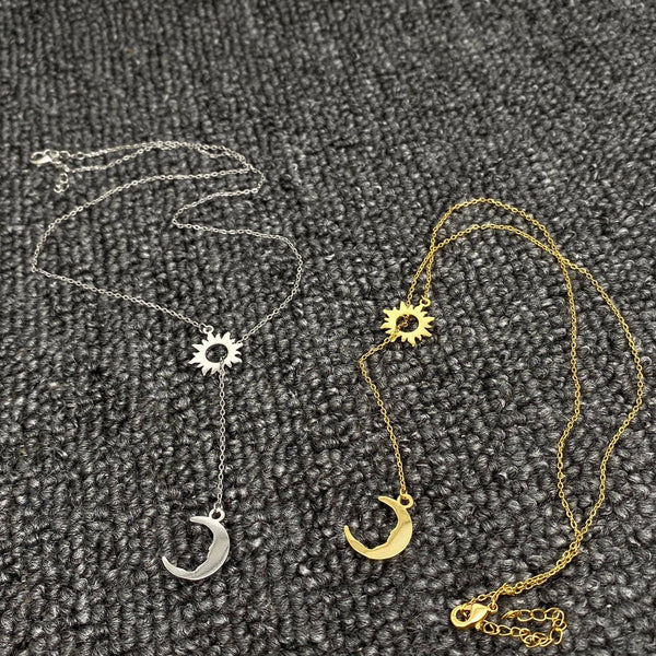Sun Moon Lariat Necklace - Silver