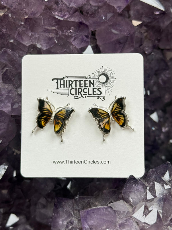 Cameo Amber Sterling Silver Butterfly Stud Earrings