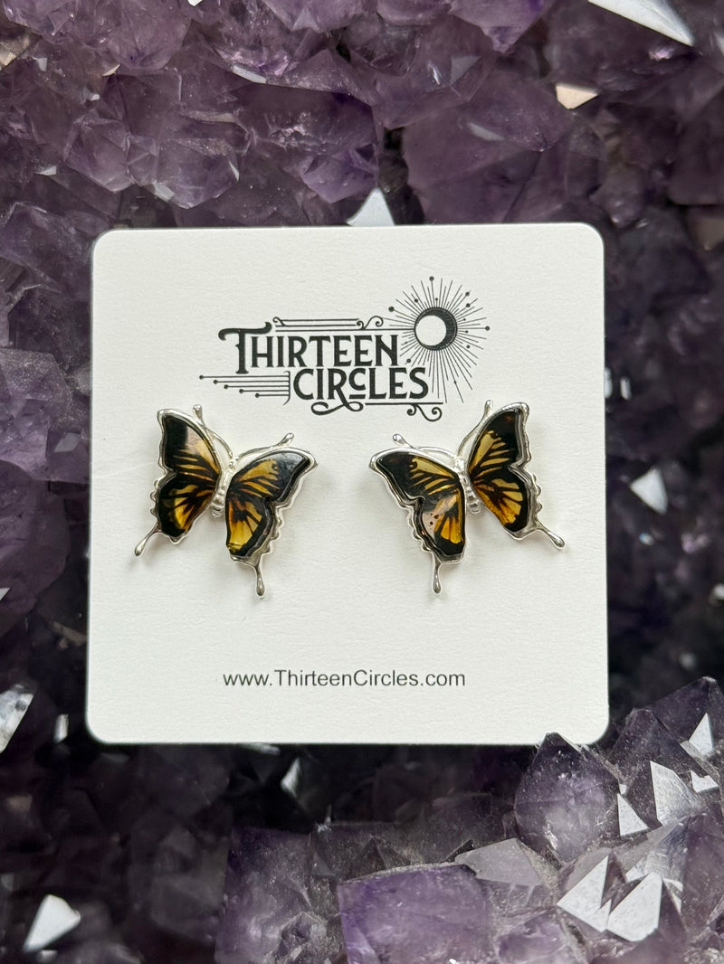 Cameo Amber Sterling Silver Butterfly Stud Earrings