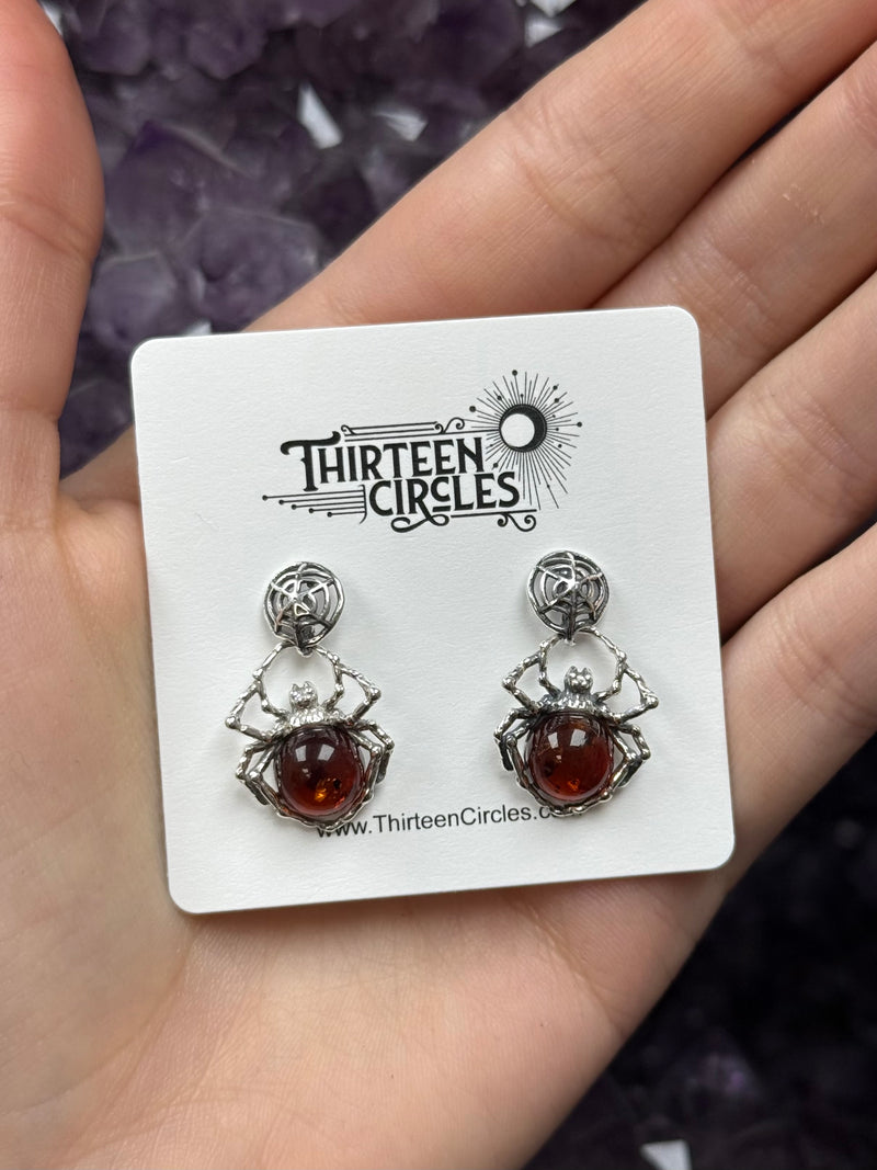 Cognac Amber Spider Dangling on Web Earrings - Sterling Silver