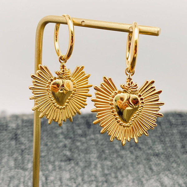 18K Gilded Sacred Heart Huggie Hoop Earrings