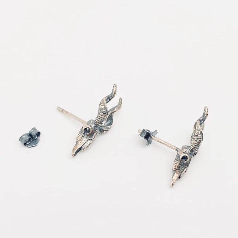 Sterling Silver Goat Skull Stud Earrings