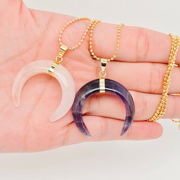 Crystal Crescent Moon Necklace - Rose Quartz