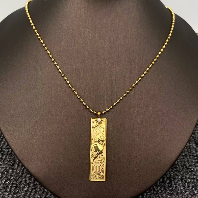 18K Gold Plated Rectangular Zodiac Sign Charm Necklace -