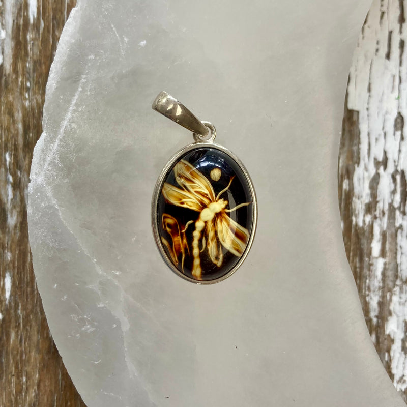Hand Carved Amber Dragonfly Sterling Silver Pendant