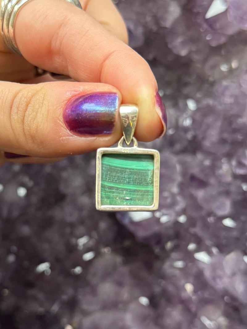 Sterling Silver Square Malachite Pendant - A