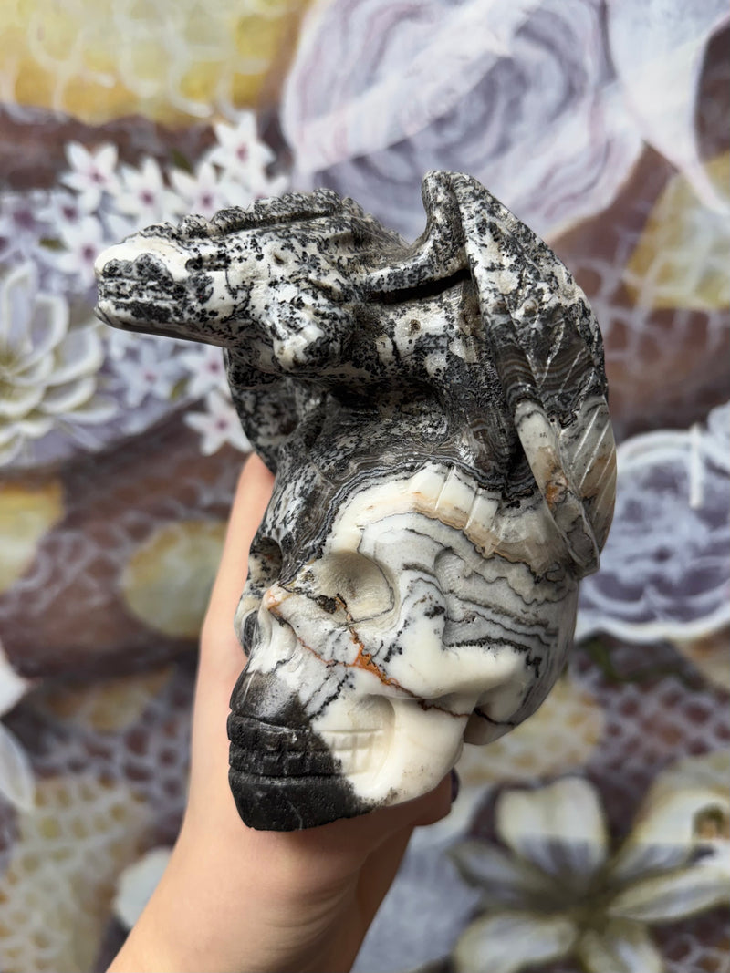 Dendritic Zebra Calcite Dragon and Skull Carving